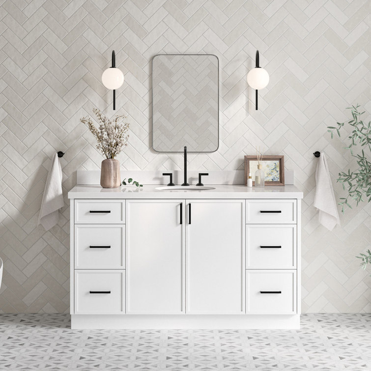 White Solid Wood and Quartz Single Sink Bathroom Vanity, 61 inches