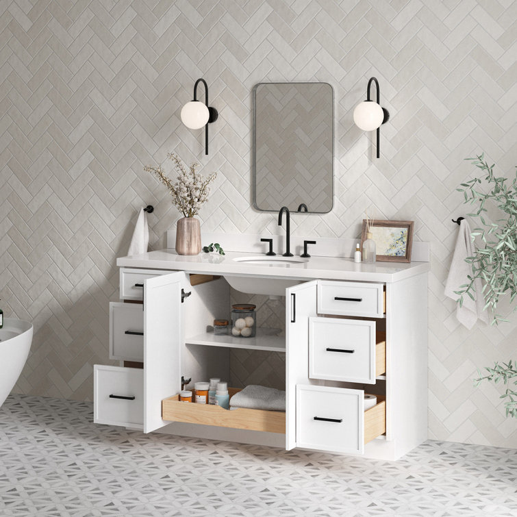White Solid Wood and Quartz Single Sink Bathroom Vanity, 61 inches