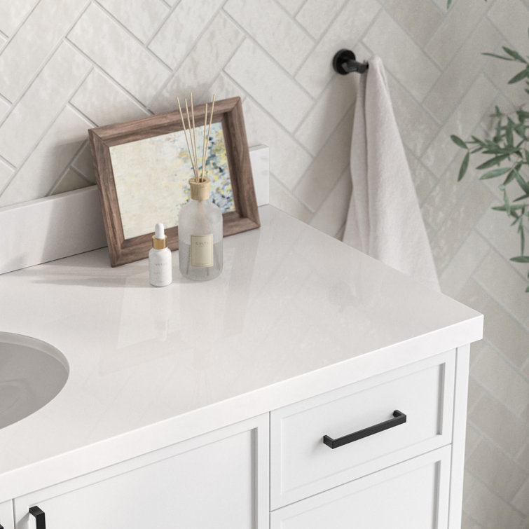 White Solid Wood and Quartz Single Sink Bathroom Vanity, 61 inches