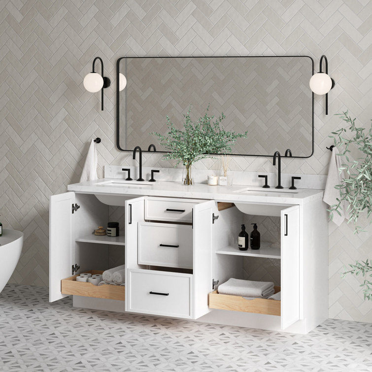White Solid Wood Double Sink Bathroom Vanity with Carrara Quartz Top