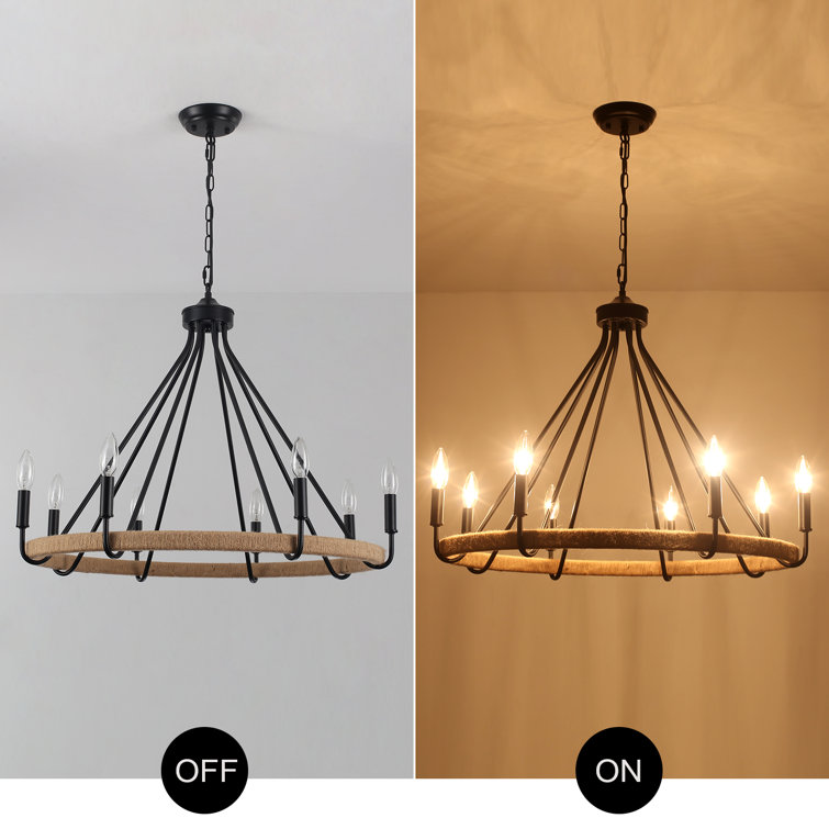 Black 8-Light Hand-Woven Rattan Wagon Wheel Chandelier