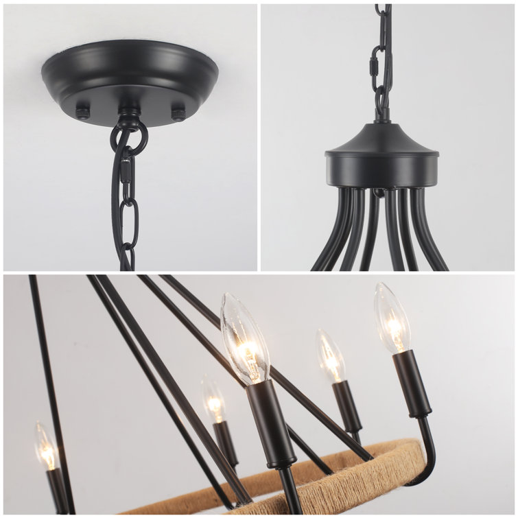 Black 8-Light Hand-Woven Rattan Wagon Wheel Chandelier