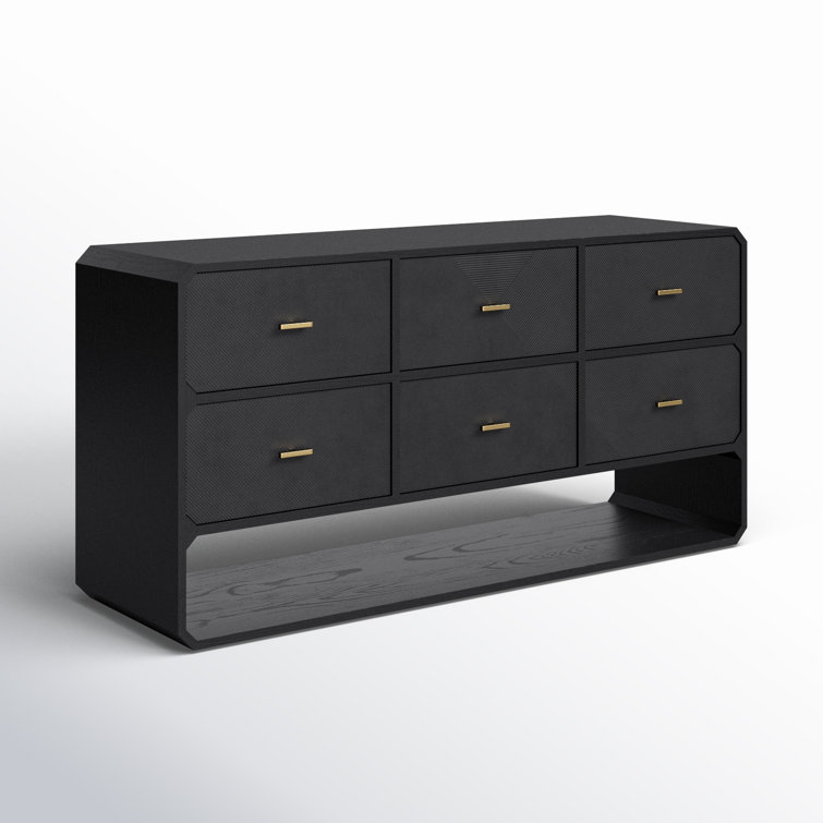 Black Ash Veneer 6-Drawer Dresser with Brass Handles
