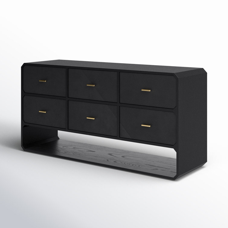 Black Ash Veneer 6-Drawer Dresser with Brass Handles