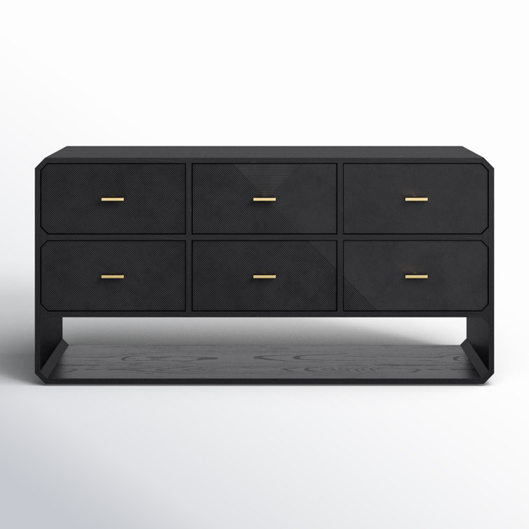 Black Ash Veneer 6-Drawer Dresser with Brass Handles