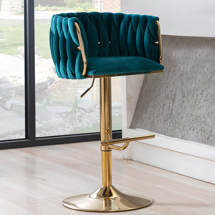 Teal Velvet Adjustable Swivel Bar Stool with Gold Base
