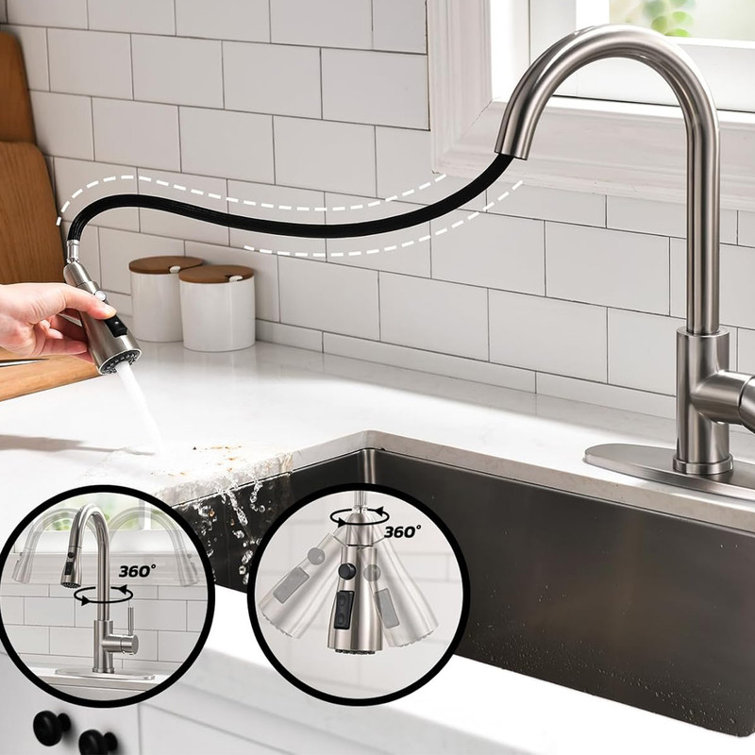 Brushed Nickel Single Handle High Arc Pull Out Kitchen Faucet