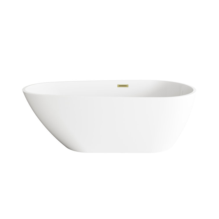 67 Inch Glossy White Acrylic Freestanding Bathtub with Brushed Gold Trim
