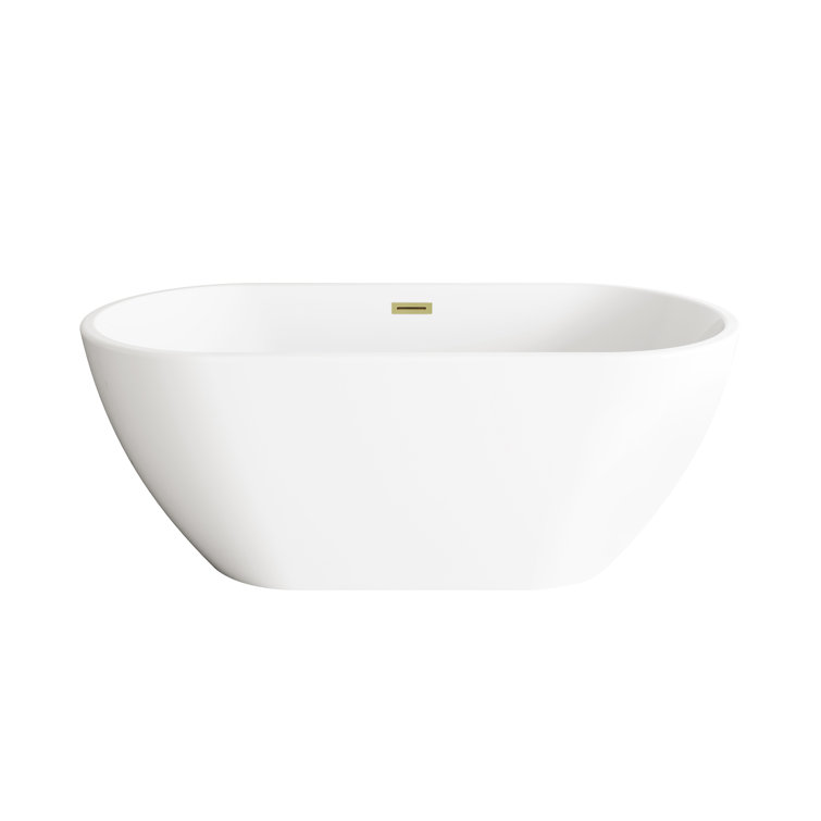 Elegant Glossy White Acrylic Bathtub with Brushed Gold Trim