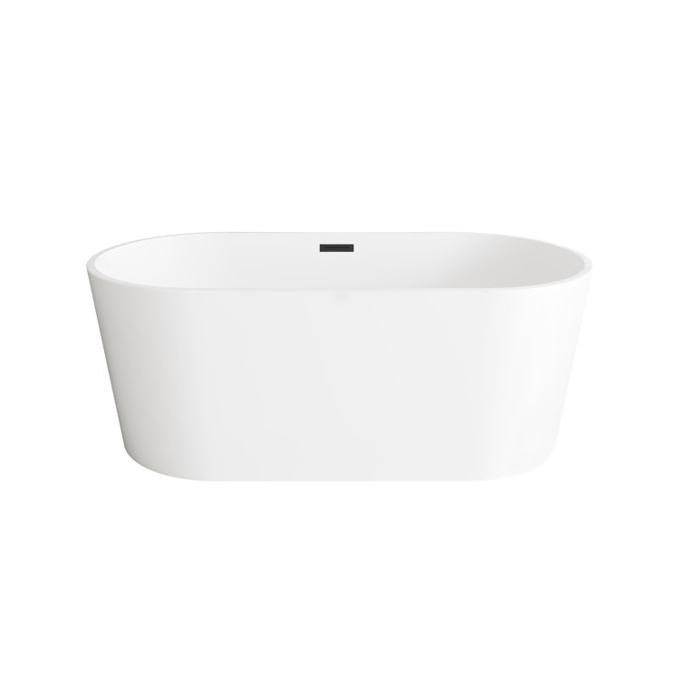 59 Inch Glossy White Acrylic Freestanding Bathtub with Matte Black Trim