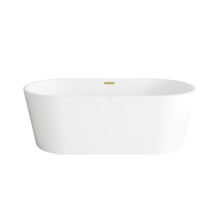 67 Inch Glossy White Acrylic Freestanding Bathtub with Brushed Gold Trim