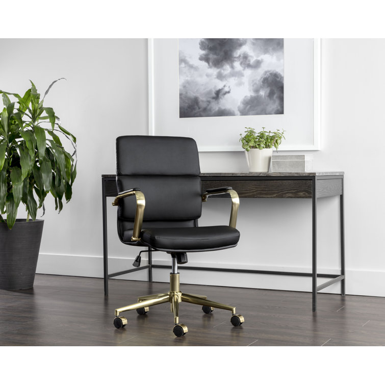 Black Faux Leather Swivel Office Chair with Gold Metal Frame