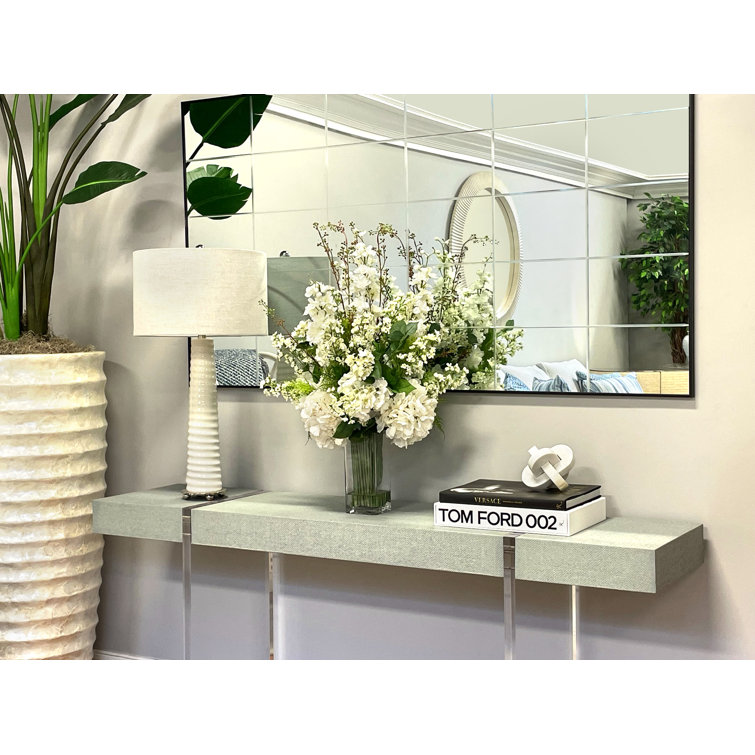 Tall Glass Vase with White Hydrangea and Fern Artificial Floral Arrangement