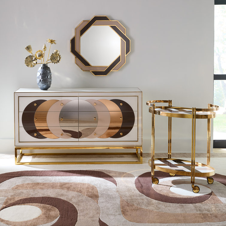 Champagne Mirrored Glass Credenza with Polished Brass Frame