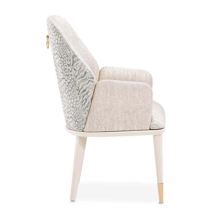 Opal Beige Chenille Jacquard Upholstered Arm Chair with Brass Tips