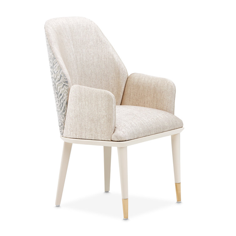 Opal Beige Chenille Jacquard Upholstered Arm Chair with Brass Tips