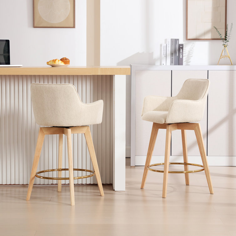 Beige Linen and Natural Wood Swivel Counter Stools, Set of 2