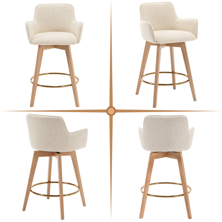 Beige Linen and Natural Wood Swivel Counter Stools, Set of 2