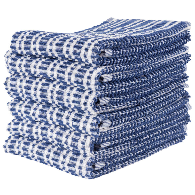 Set of 6 Blue and White Ripple Terry Kitchen Towels - 16" x 28"