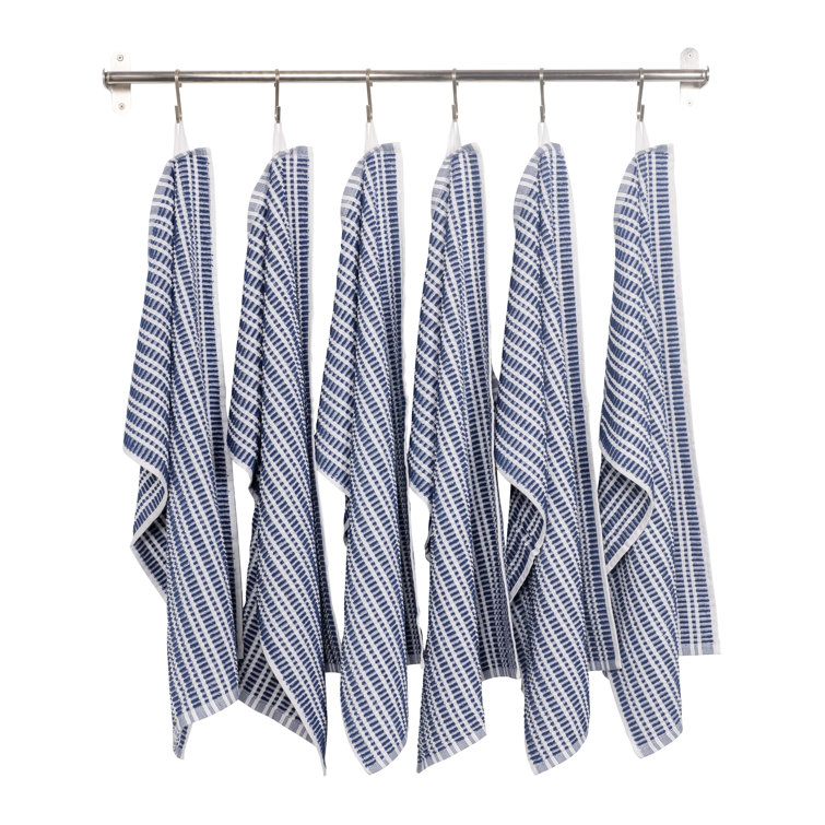 Set of 6 Blue and White Ripple Terry Kitchen Towels - 16" x 28"