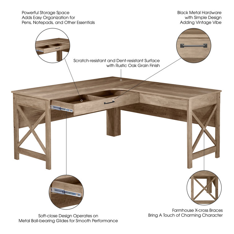 Rustic Oak L-Shaped Farmhouse Corner Desk with Drawer