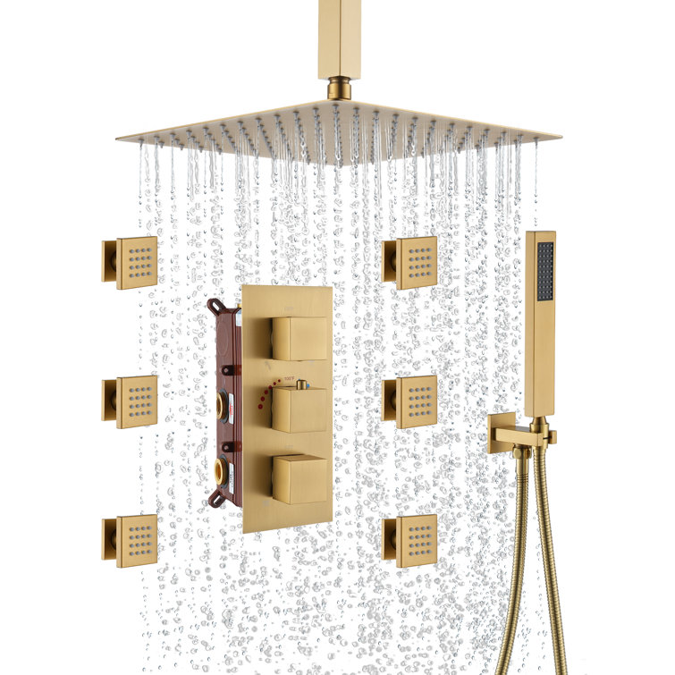 Brushed Gold Ceiling Mounted Dual Shower System with Body Jets