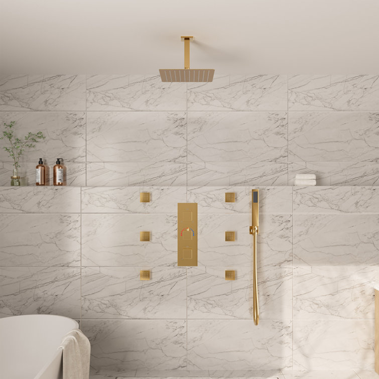 Brushed Gold Ceiling Mounted Dual Shower System with Body Jets