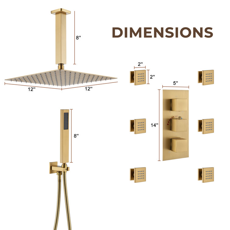 Brushed Gold Ceiling Mounted Dual Shower System with Body Jets