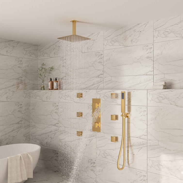 Brushed Gold Ceiling Mounted Dual Shower System with Body Jets