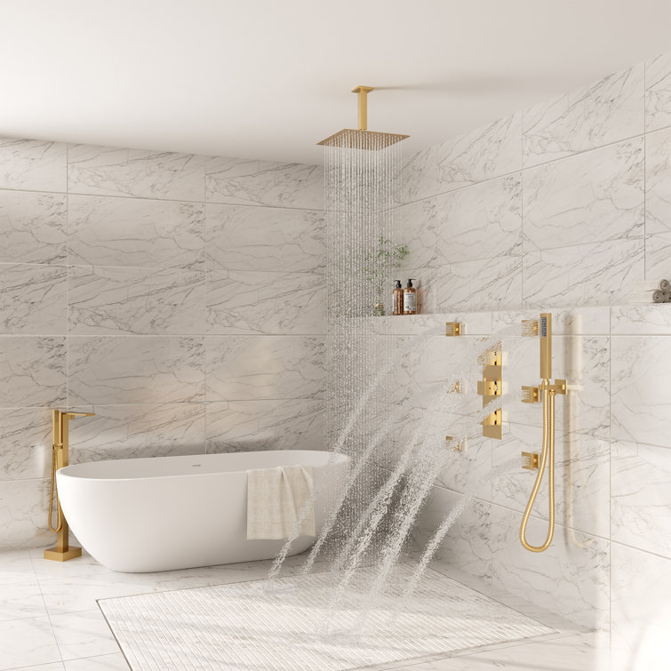 Brushed Gold Ceiling Mounted Dual Shower System with Body Jets