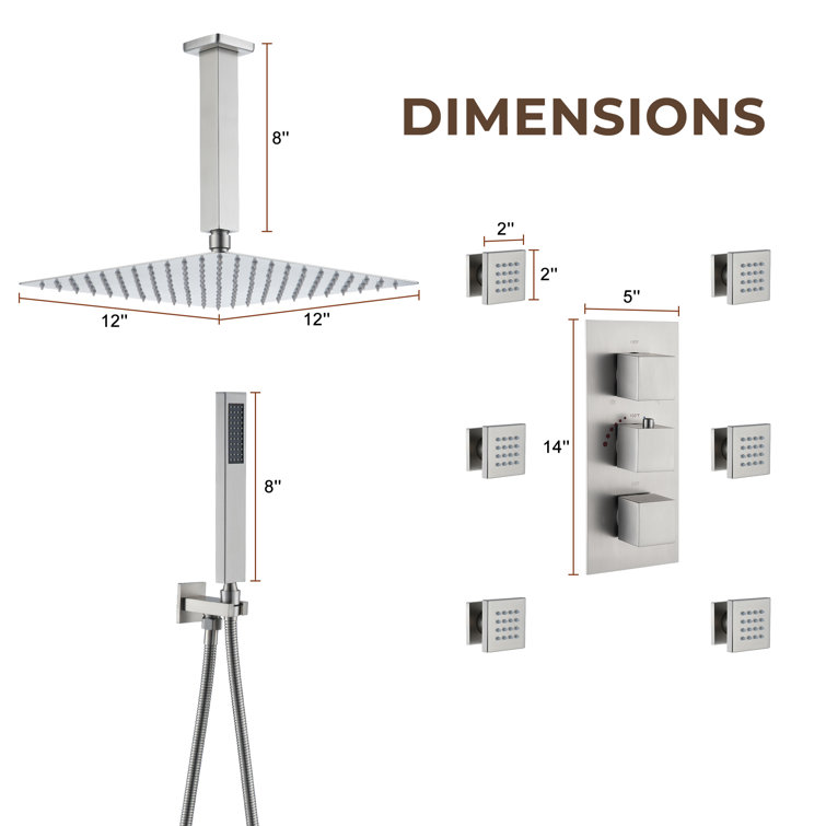 Brushed Nickel Ceiling Mounted Dual Shower System with Body Jets