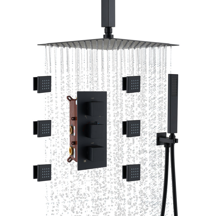 Large Matte Black Dual Square Ceiling Mounted Rainfall Shower System