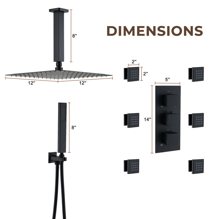 Large Matte Black Dual Square Ceiling Mounted Rainfall Shower System