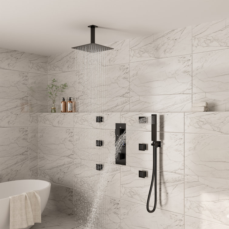 Large Matte Black Dual Square Ceiling Mounted Rainfall Shower System