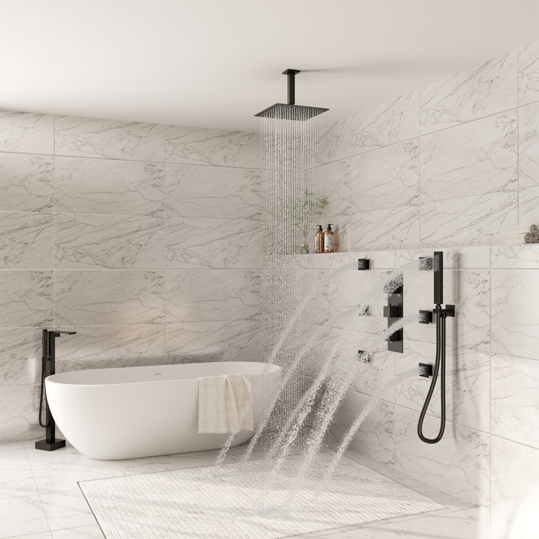 Large Matte Black Dual Square Ceiling Mounted Rainfall Shower System