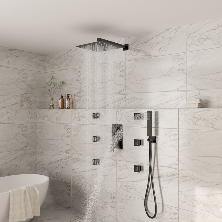 Matte Black 12" Dual Square Wall Mounted Shower System with Body Jets