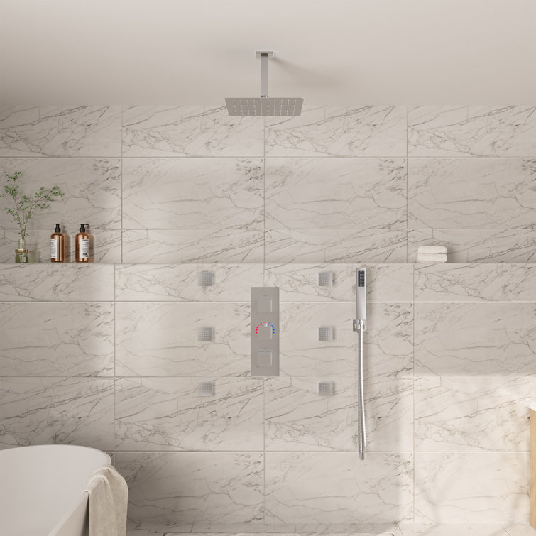 Brushed Nickel Ceiling Mounted Dual Shower System with Body Jets