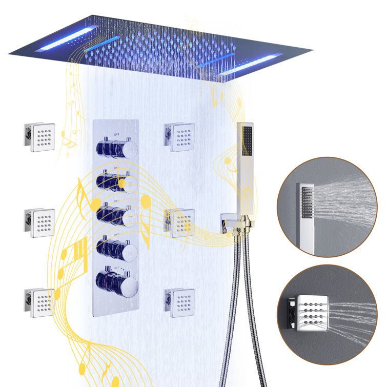 Chrome Ceiling Mounted LED Shower System with Bluetooth Speaker
