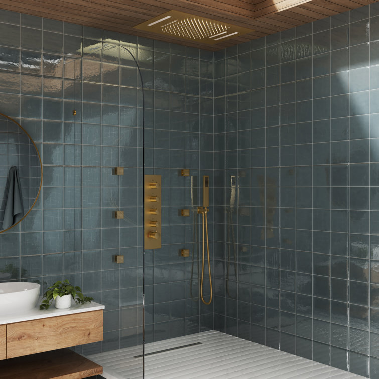 Brushed Gold Large Dual Rectangle Ceiling Mounted Shower System with LED and Bluetooth