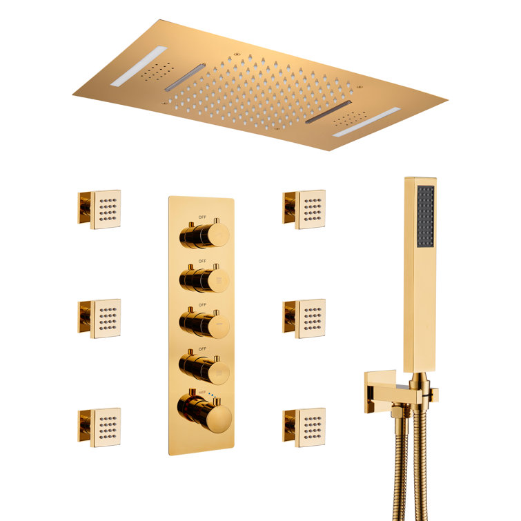 Brushed Gold Large Dual Rectangle Ceiling Mounted Shower System with LED and Bluetooth