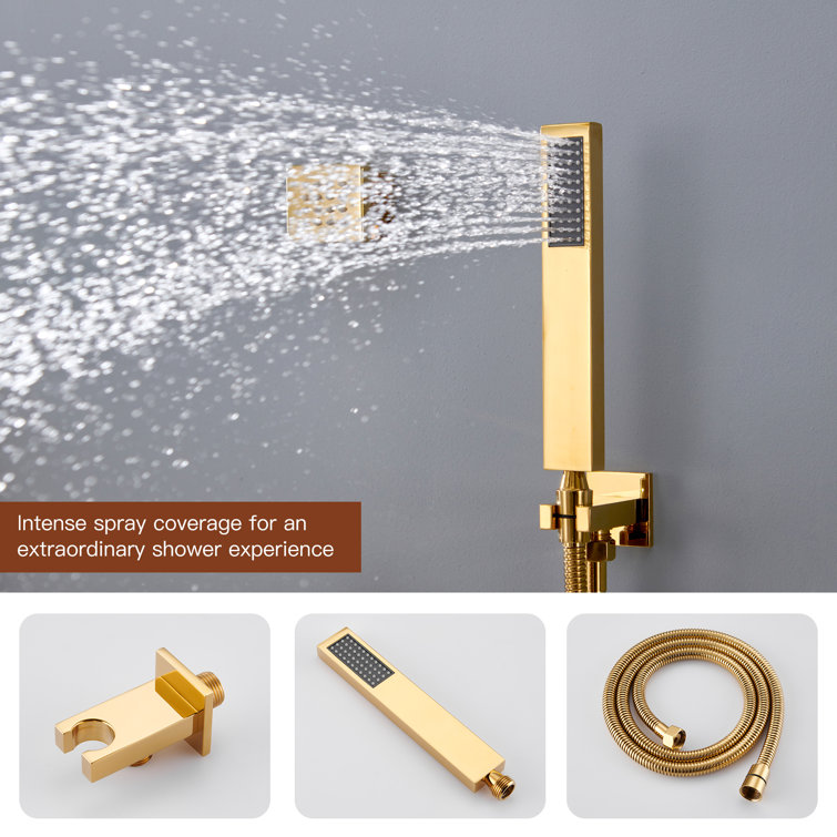Brushed Gold Large Dual Rectangle Ceiling Mounted Shower System with LED and Bluetooth