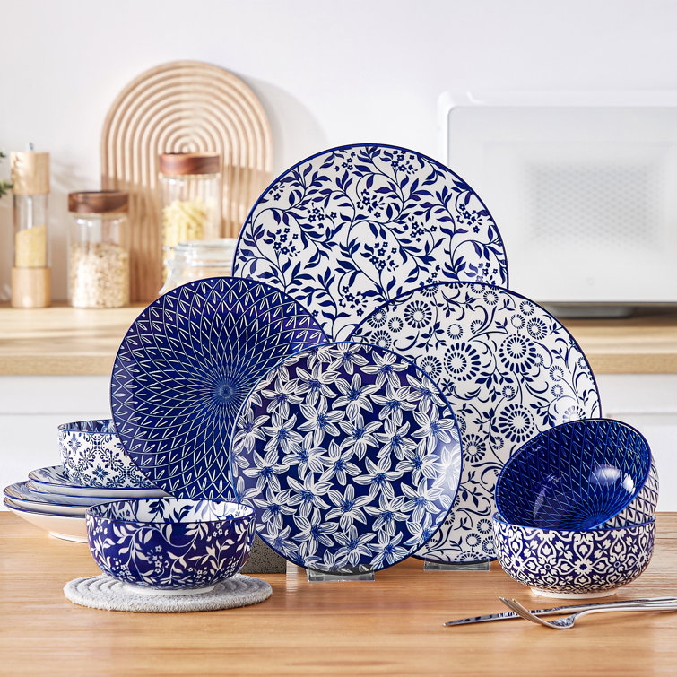 Selene Blue and White Floral Ceramic Dinnerware Set, Service for 4