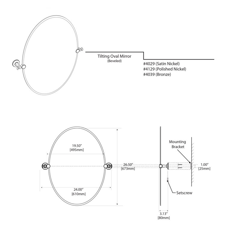 Elegant Oval Frameless Pivoting Mirror in Satin Nickel