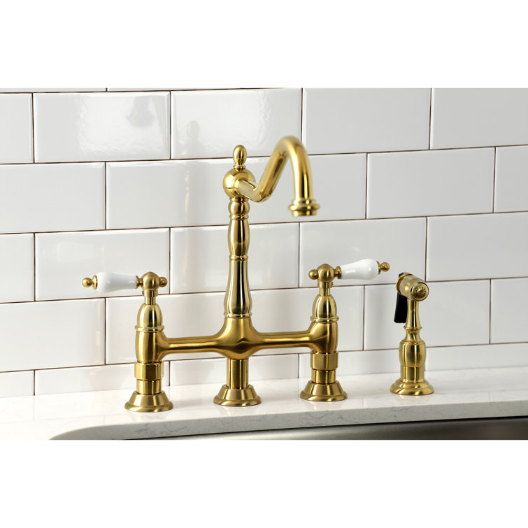 Heritage Brushed Brass Double Handle Bridge Kitchen Faucet with Side Sprayer
