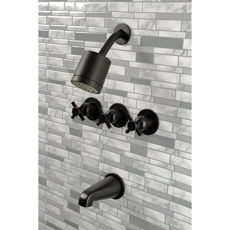 Matte Black Triple-Handle Wall Mounted Tub and Shower Faucet