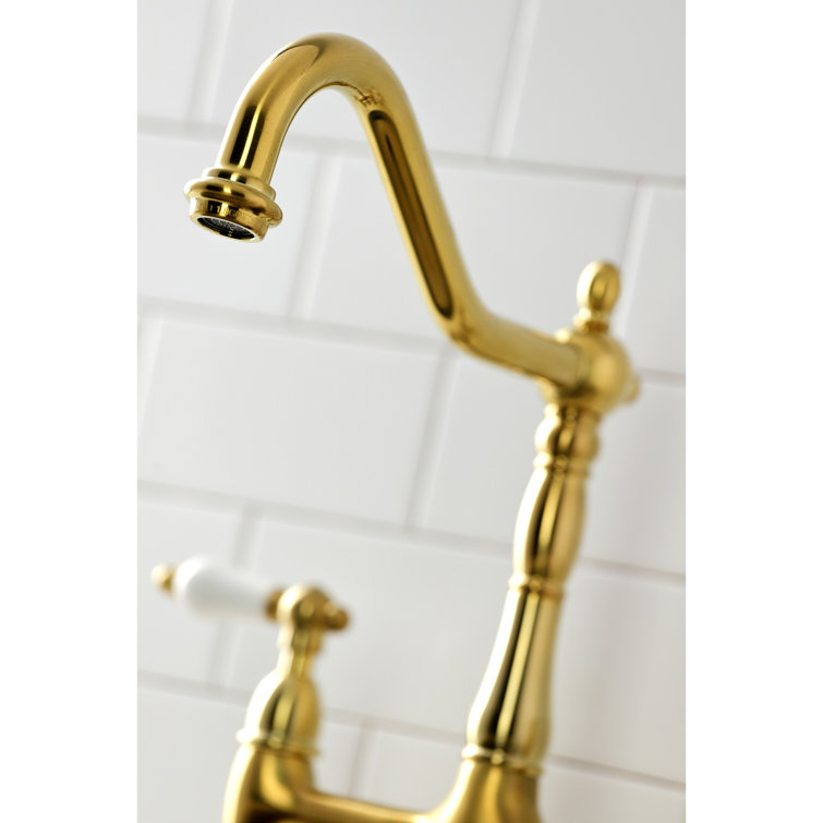Heritage Brushed Brass Double Handle Bridge Kitchen Faucet with Side Sprayer