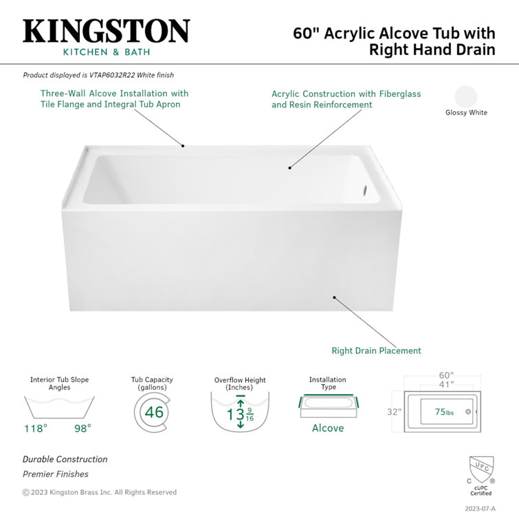 Aqua Eden 60-Inch Glossy White Acrylic Alcove Tub with Right Hand Drain