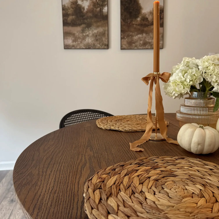 Cascais 36" Brown Oak Round Dining Table with Japandi Base