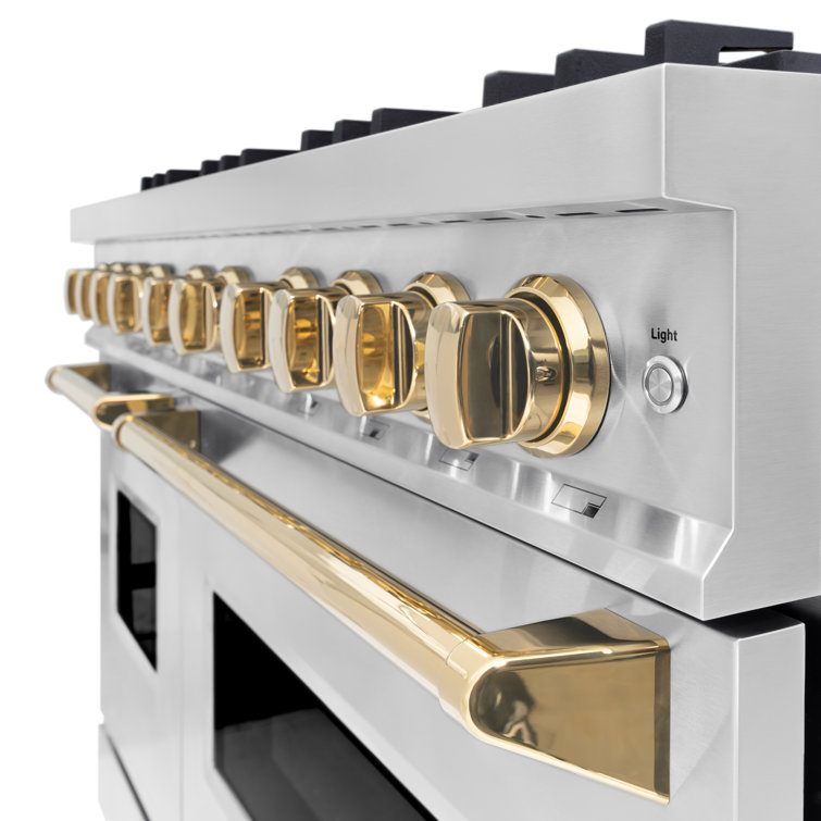 48" Stainless Steel and Gold Double Oven Gas Range with 8 Burners