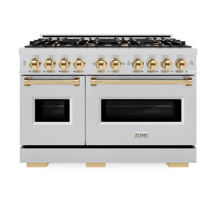 48" Stainless Steel and Gold Double Oven Gas Range with 8 Burners